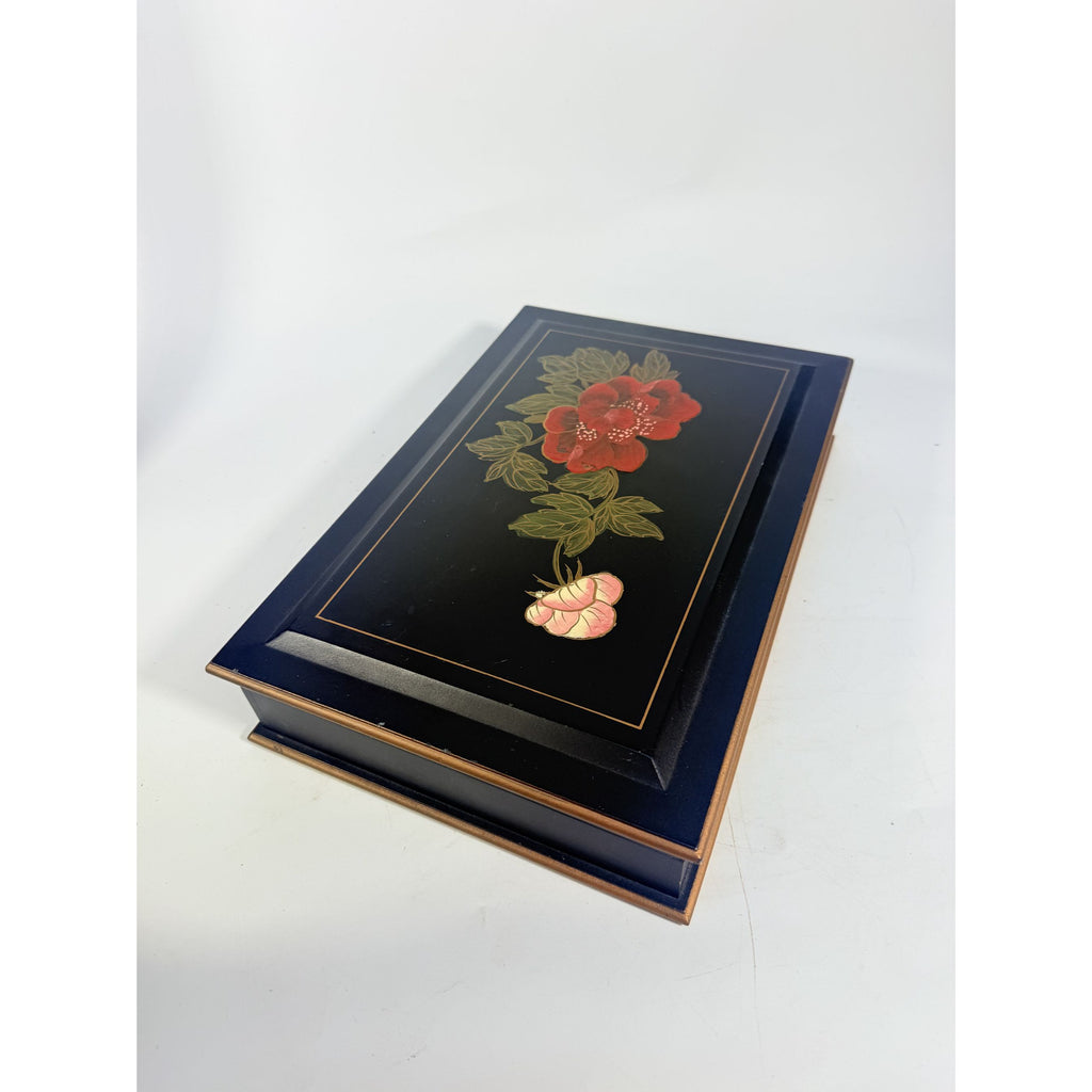 Jewlery Box Embossed Flowers Chinoiserie Oriental Boudoir Table Home Decor Black Matte