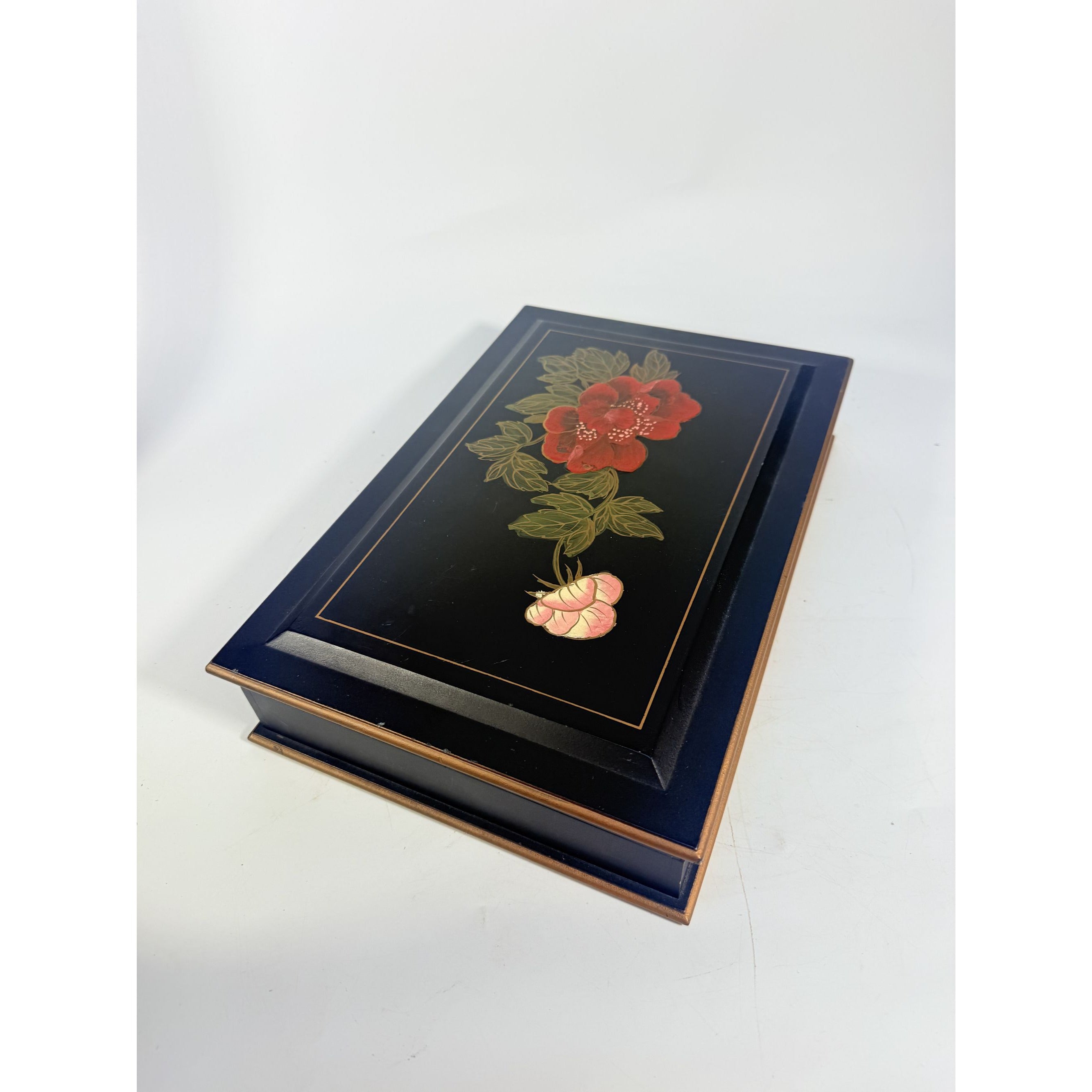 Jewlery Box Embossed Flowers Chinoiserie Oriental Boudoir Table Home Decor Black Matte