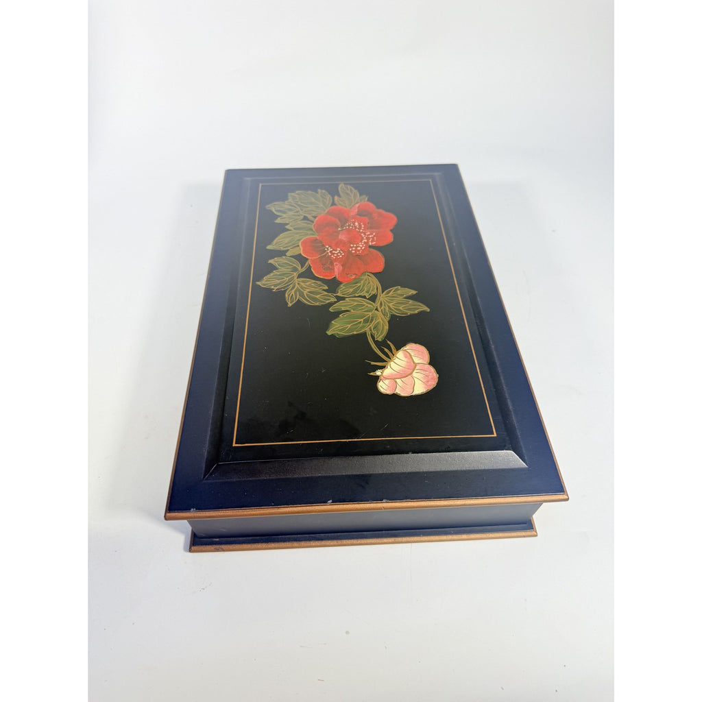 Jewlery Box Embossed Flowers Chinoiserie Oriental Boudoir Table Home Decor Black Matte