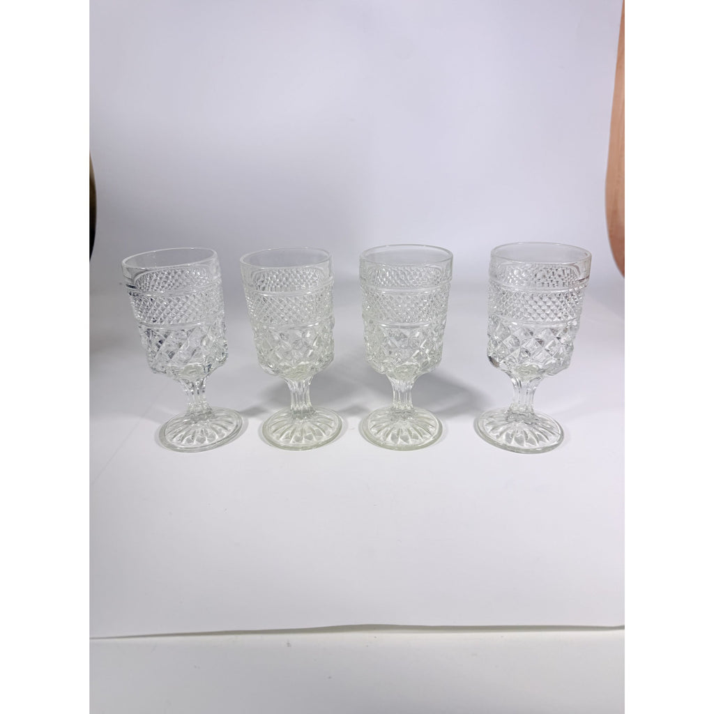 Water Glasses Anchor Hocking Wexford Clear Stemware Goblets - Set of Four Vintage Barware Diamond Pattern Replacement Glassware
