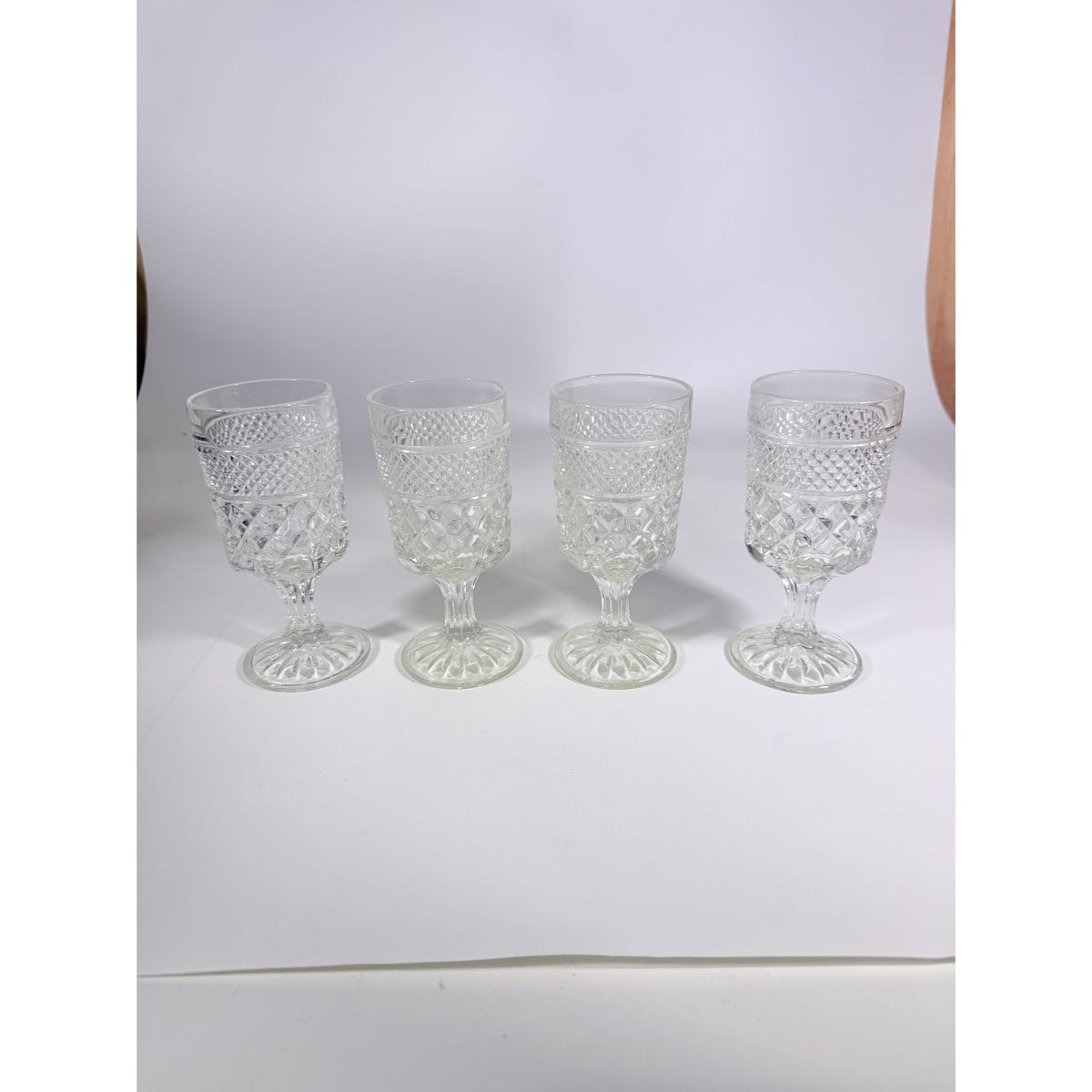 Water Glasses Anchor Hocking Wexford Clear Stemware Goblets - Set of Four Vintage Barware Diamond Pattern Replacement Glassware