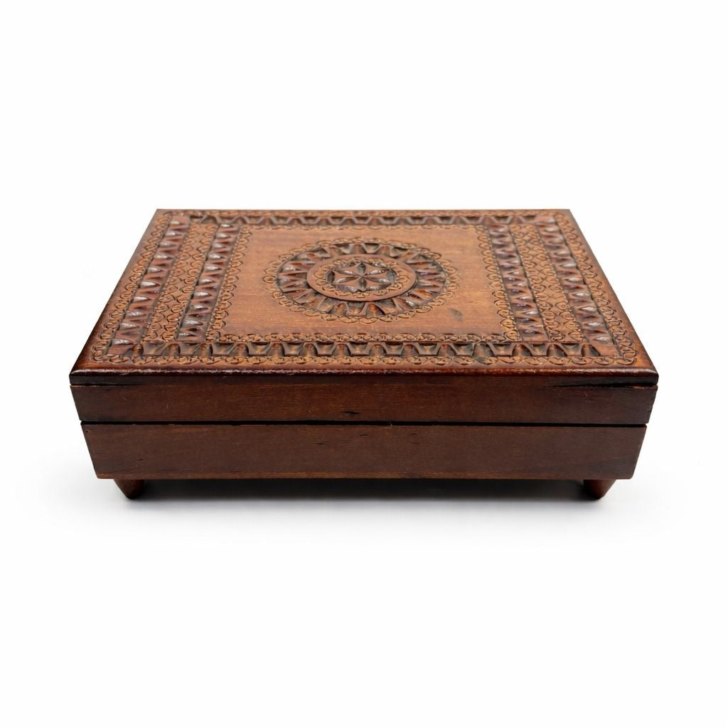 Wooden Music Box Trinket Jewelry Hand Carved Vintage Poland Lidded Handmade Small Musical Home Dresser Shelf Decor Decorative Accents