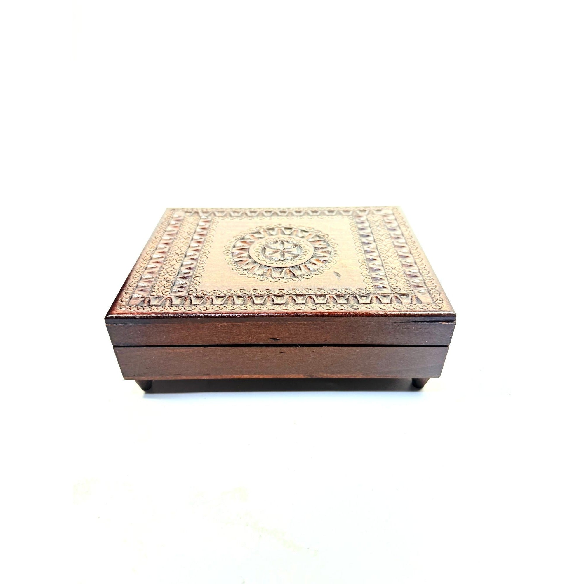 Wooden Music Box Trinket Jewelry Hand Carved Vintage Poland Lidded Handmade Small Musical Home Dresser Shelf Decor Decorative Accents