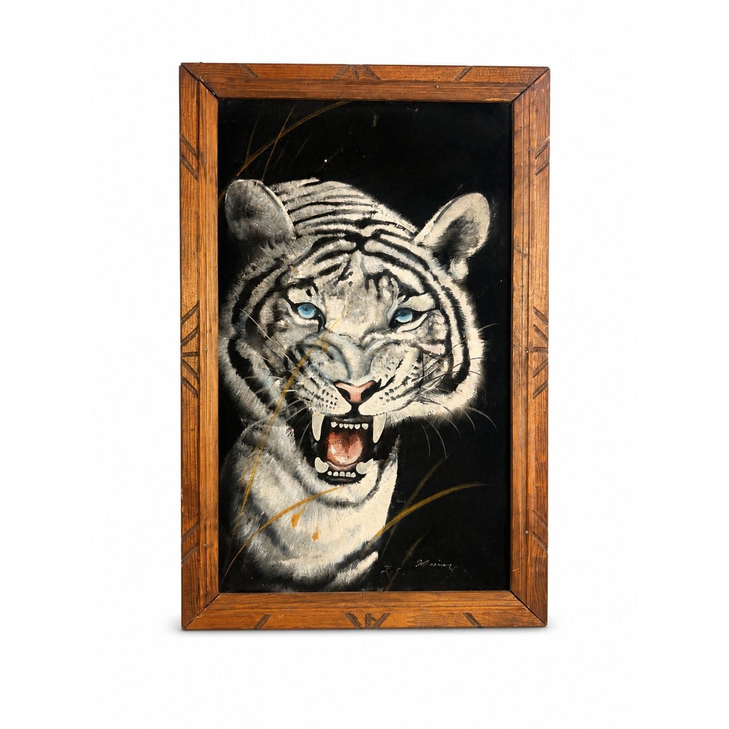 Black Velvet Painting White Bengal Tiger Vintage Wooden Frame Mexico Signed Wall Art Retro Home Decor
