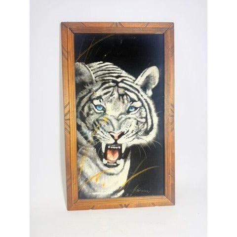 Black Velvet Painting White Bengal Tiger Vintage Wooden Frame Mexico Signed Wall Art Retro Home Decor