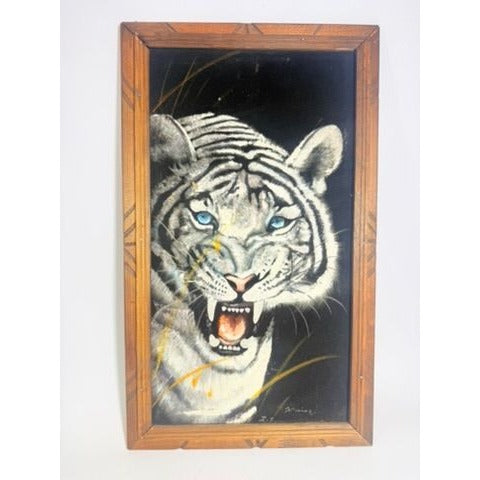 Black Velvet Painting White Bengal Tiger Vintage Wooden Frame Mexico Signed Wall Art Retro Home Decor
