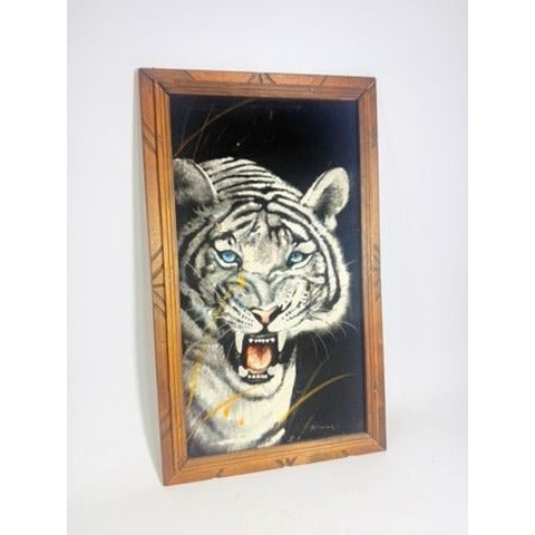Black Velvet Painting White Bengal Tiger Vintage Wooden Frame Mexico Signed Wall Art Retro Home Decor
