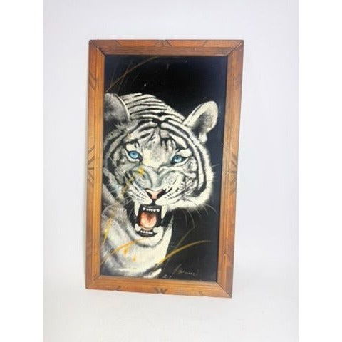 Black Velvet Painting White Bengal Tiger Vintage Wooden Frame Mexico Signed Wall Art Retro Home Decor