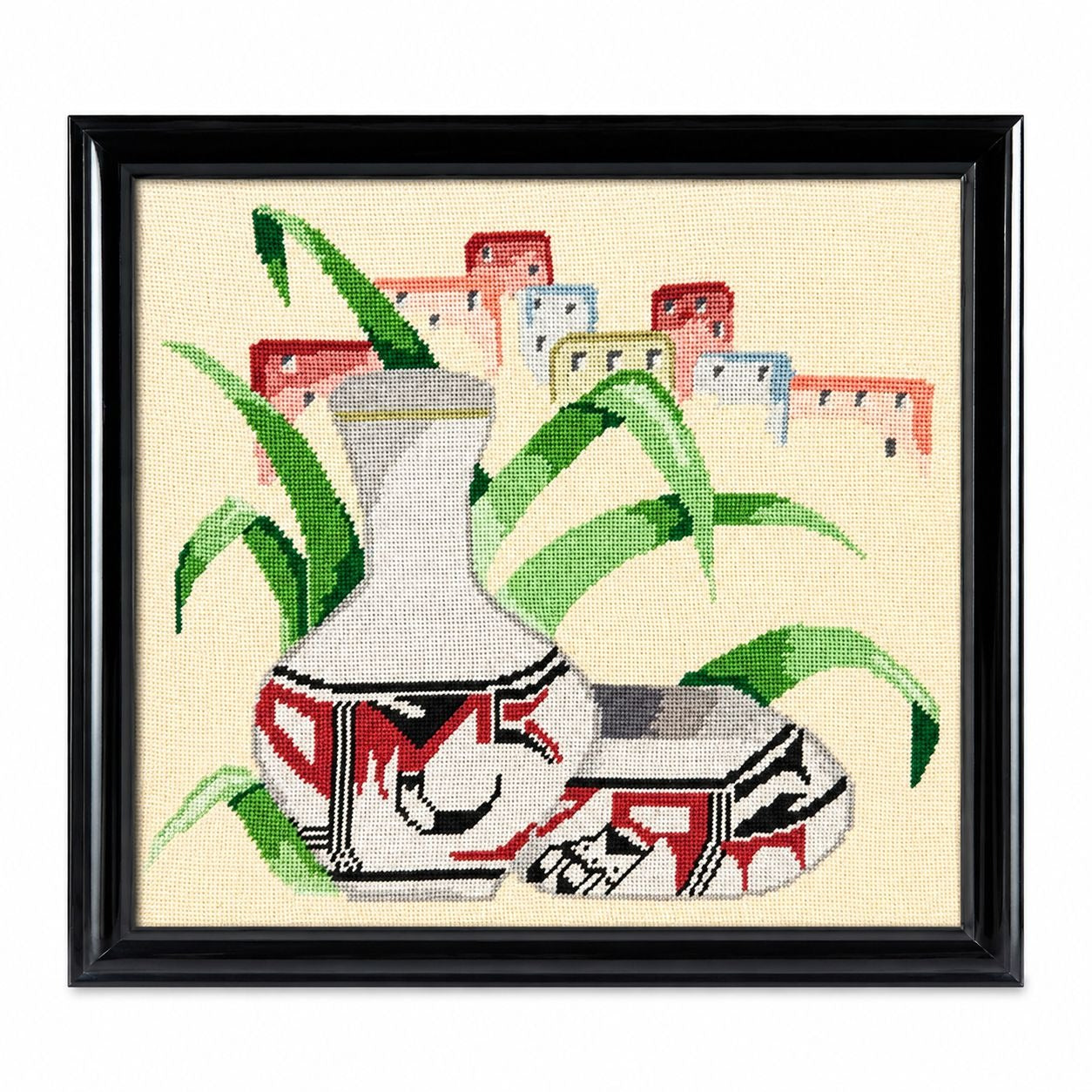 Needlepoint Framed Handmade Southwest Acoma Polychrome Jar Native Wall Art Vintage Village Home Decor Decorative Accents