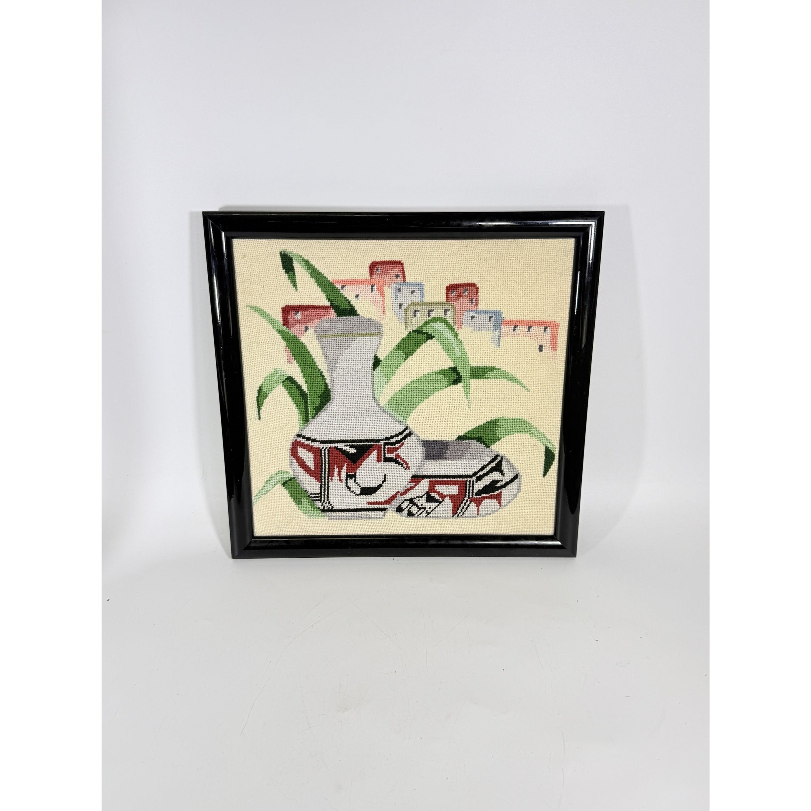Needlepoint Framed Handmade Southwest Acoma Polychrome Jar Native Wall Art Vintage Village Home Decor Decorative Accents