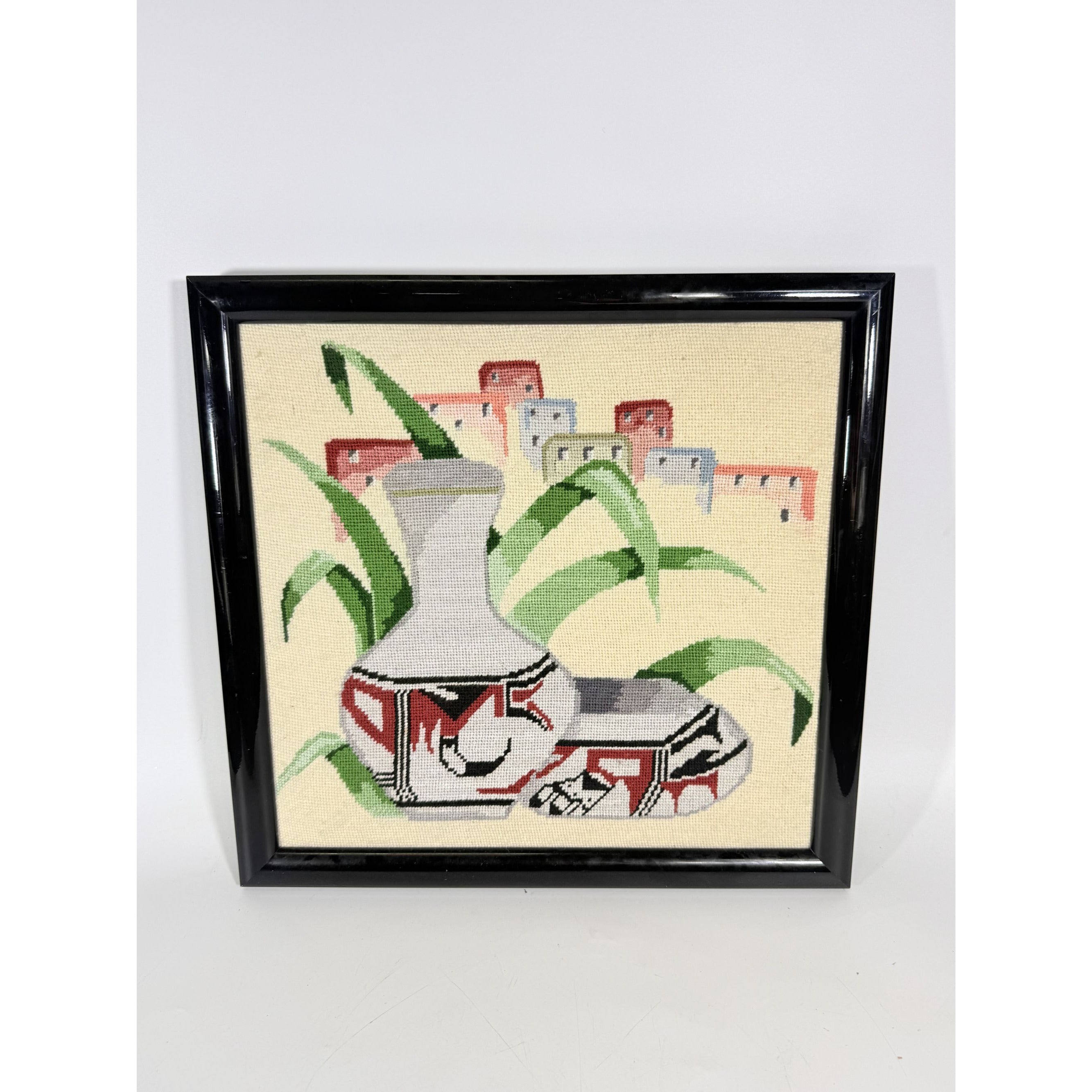 Needlepoint Framed Handmade Southwest Acoma Polychrome Jar Native Wall Art Vintage Village Home Decor Decorative Accents