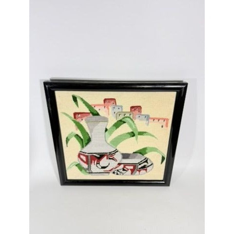 Needlepoint Framed Handmade Southwest Acoma Polychrome Jar Native Wall Art Vintage Village Home Decor Decorative Accents