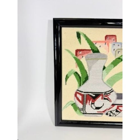 Needlepoint Framed Handmade Southwest Acoma Polychrome Jar Native Wall Art Vintage Village Home Decor Decorative Accents