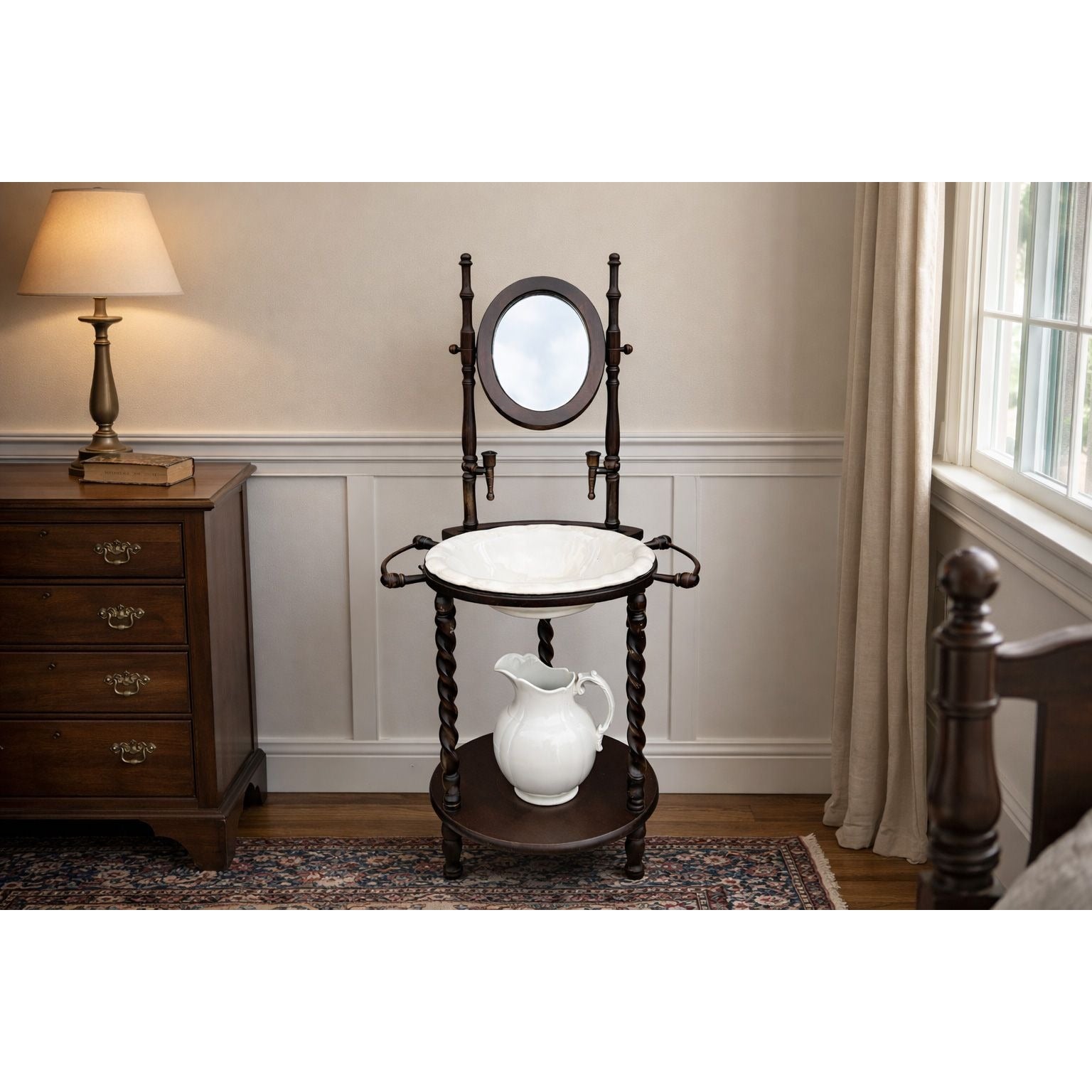 Wood Wash Stand Basin Barley Twist Legs Ironstone Pitcher Bowl Candle Holder Mirror Wooden Vintage Farmhouse Granny Cottage Core Home