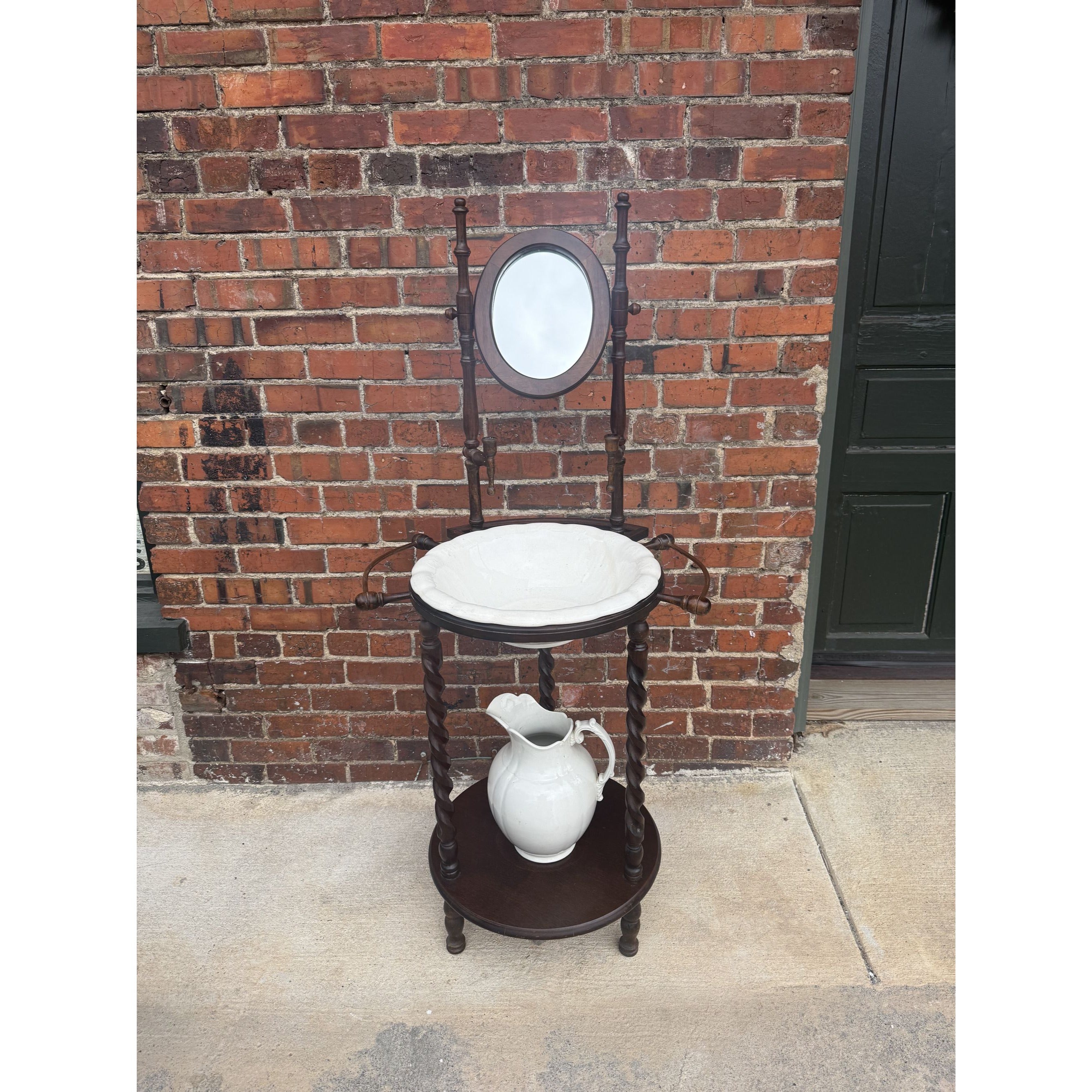 Wood Wash Stand Basin Barley Twist Legs Ironstone Pitcher Bowl Candle Holder Mirror Wooden Vintage Farmhouse Granny Cottage Core Home