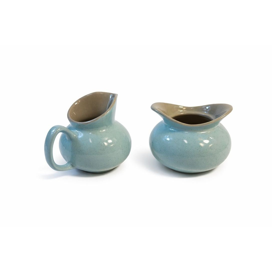 Creamer Sugar Bowl Set Harkerware Harker Pottery Ceramic Kitchenware Restaurantware Vintage Blue Mist and Grey Speckled Mid Century