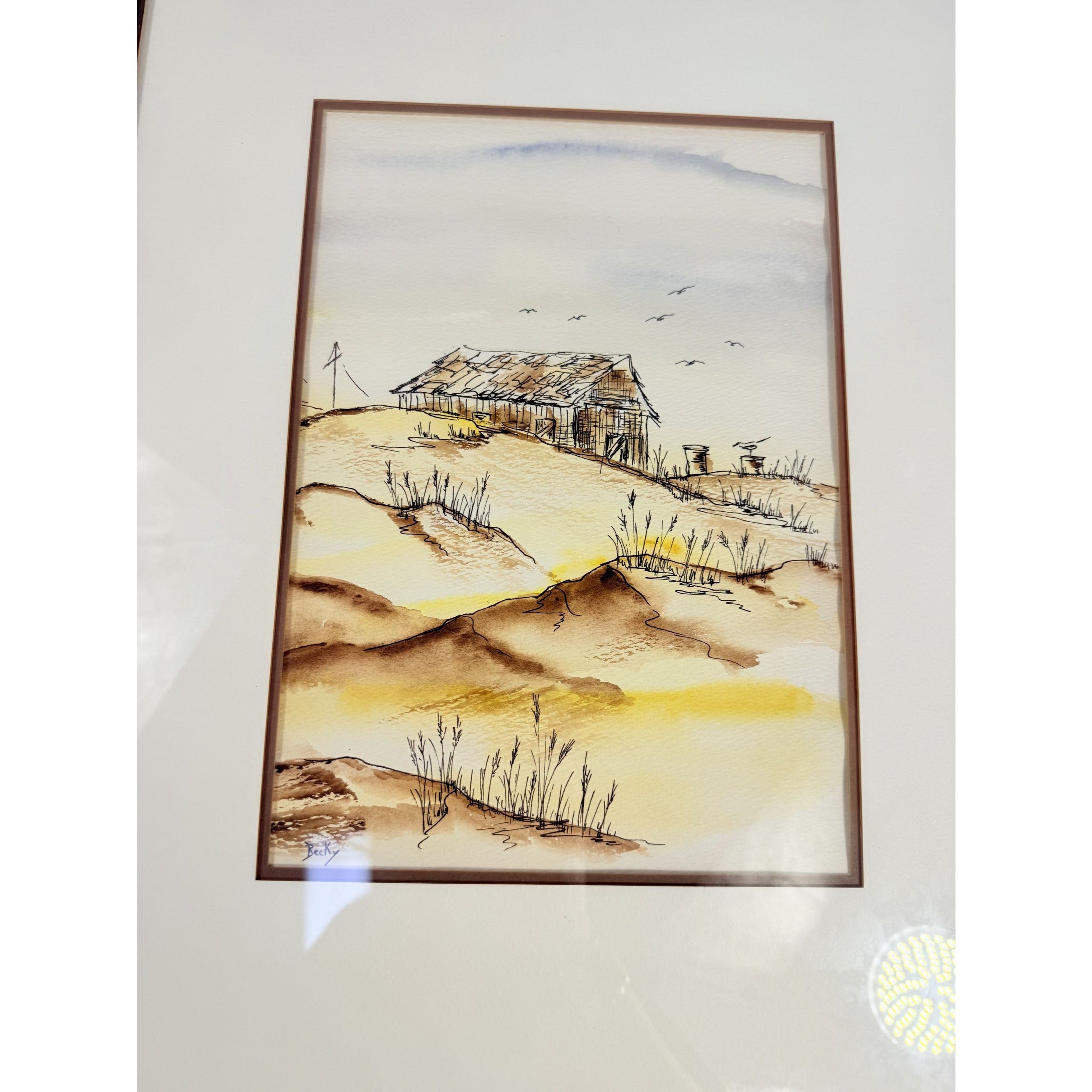 Watercolor Painting Vintage Sand Dunes Coastal Muted Colors Golds Browns Wall Art Unique Artwork Artist Signed Home Decor Decorative  Accent