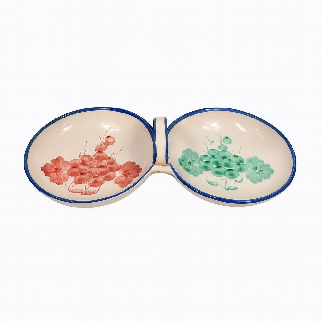 Italian Pottery Double Bowl Serving Dish Grapes Hand Painted Handled Made In Italy Kitchenware Servingware Hostess Wedding