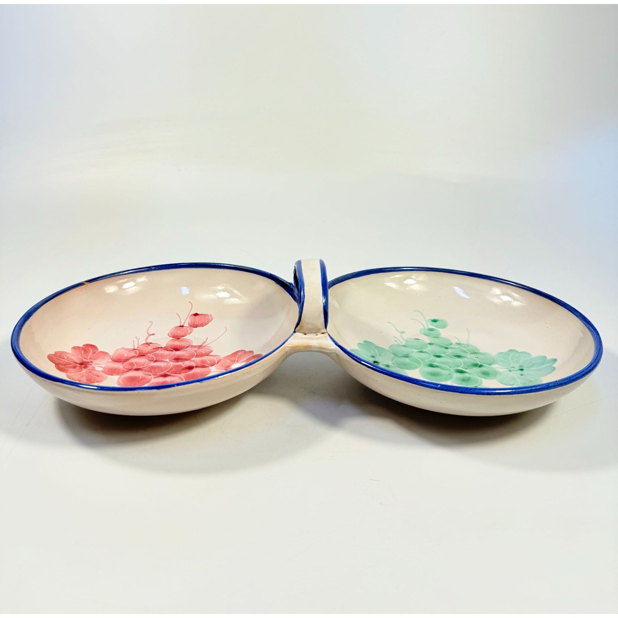 Italian Pottery Double Bowl Serving Dish Grapes Hand Painted Handled Made In Italy Kitchenware Servingware Hostess Wedding