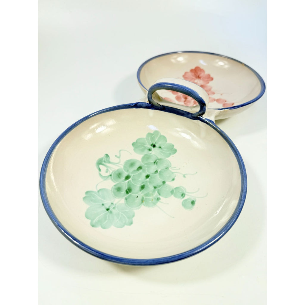 Italian Pottery Double Bowl Serving Dish Grapes Hand Painted Handled Made In Italy Kitchenware Servingware Hostess Wedding