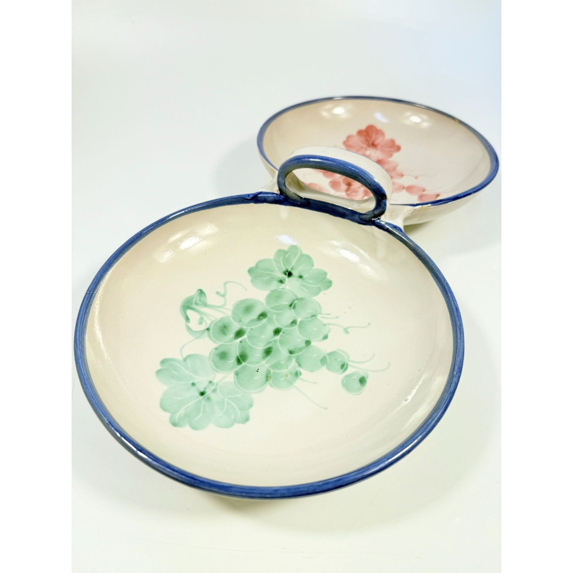 Italian Pottery Double Bowl Serving Dish Grapes Hand Painted Handled Made In Italy Kitchenware Servingware Hostess Wedding