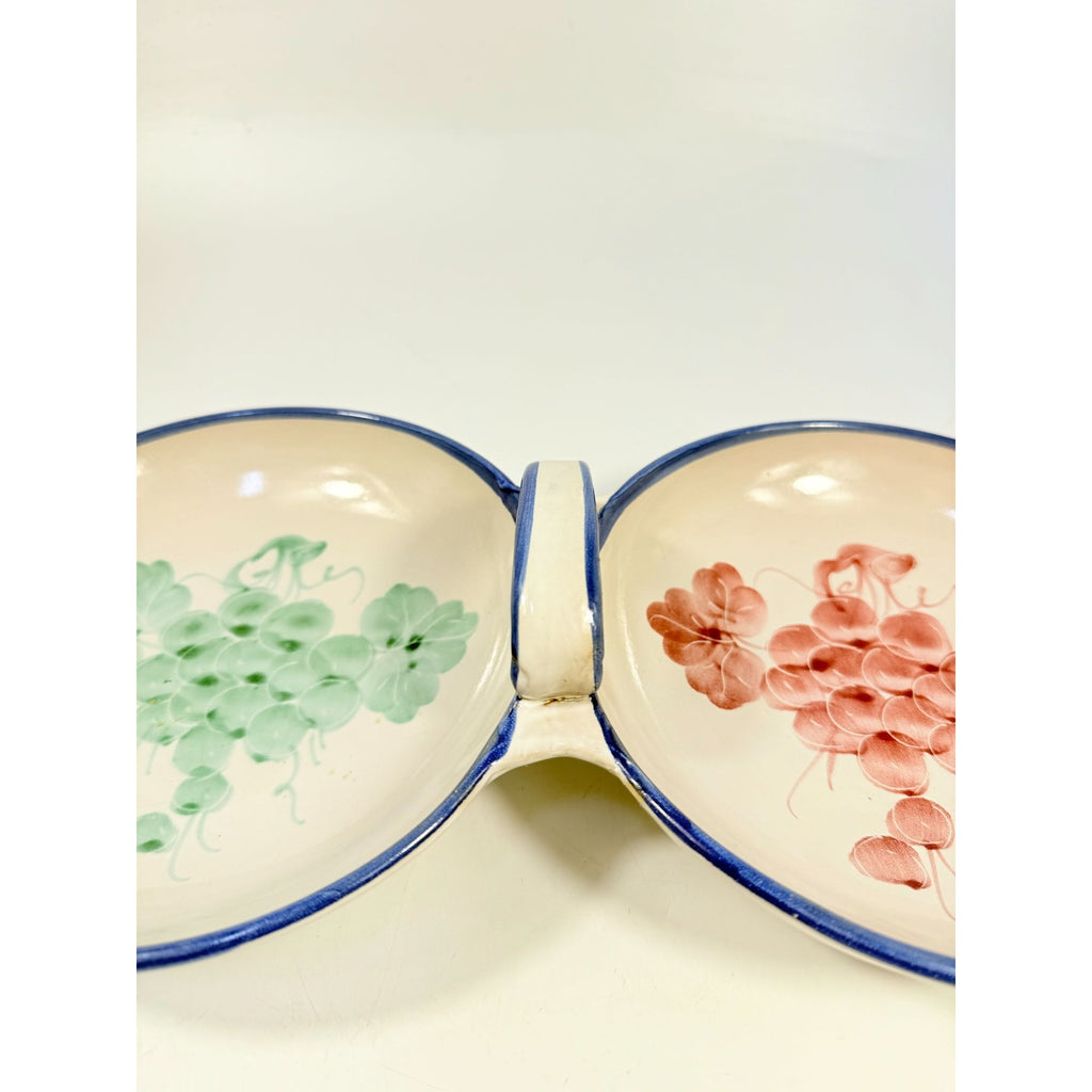 Italian Pottery Double Bowl Serving Dish Grapes Hand Painted Handled Made In Italy Kitchenware Servingware Hostess Wedding