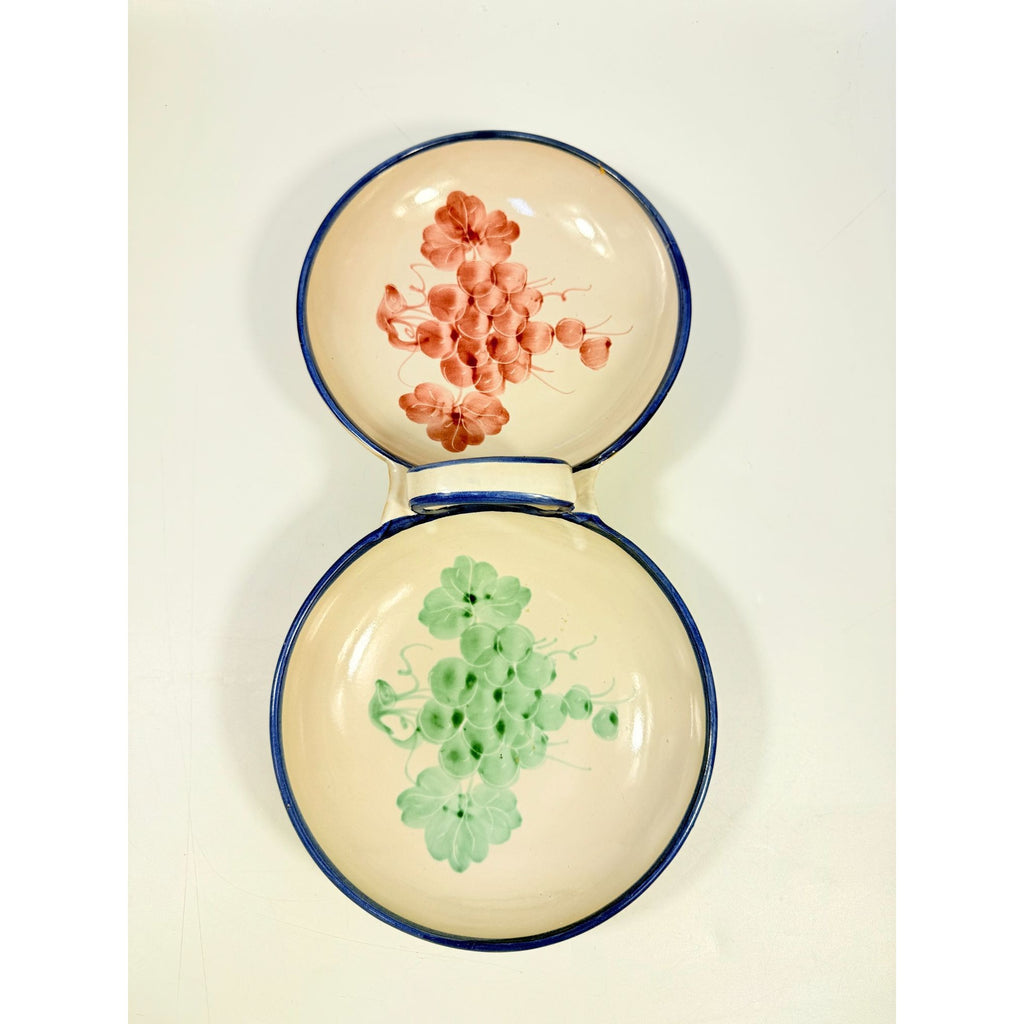 Italian Pottery Double Bowl Serving Dish Grapes Hand Painted Handled Made In Italy Kitchenware Servingware Hostess Wedding