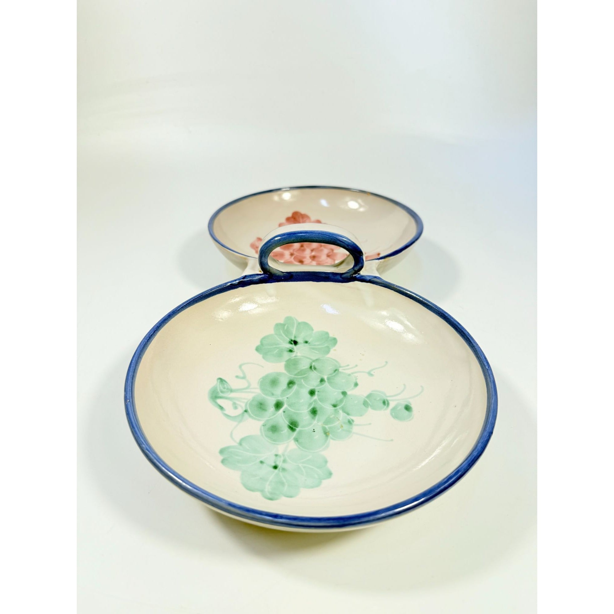 Italian Pottery Double Bowl Serving Dish Grapes Hand Painted Handled Made In Italy Kitchenware Servingware Hostess Wedding