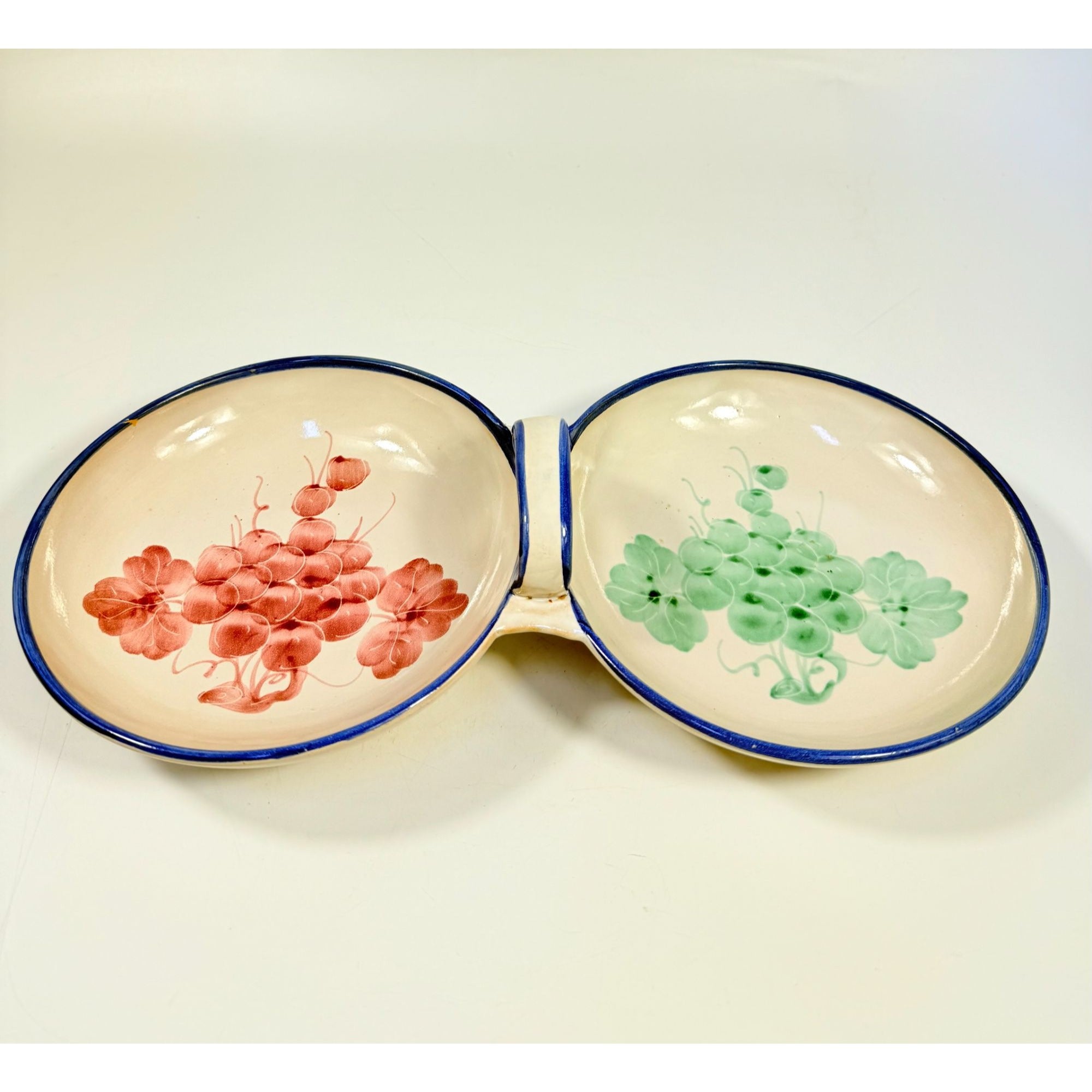 Italian Pottery Double Bowl Serving Dish Grapes Hand Painted Handled Made In Italy Kitchenware Servingware Hostess Wedding