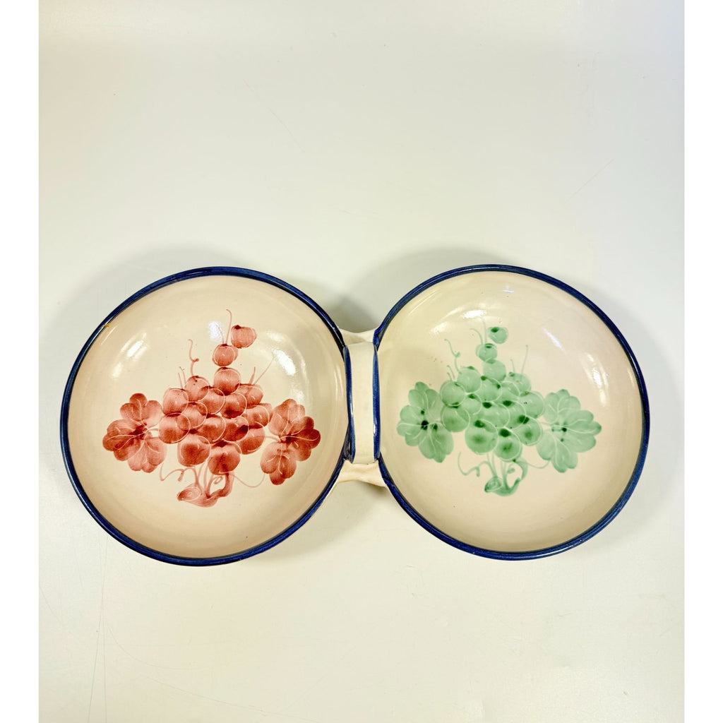 Italian Pottery Double Bowl Serving Dish Grapes Hand Painted Handled Made In Italy Kitchenware Servingware Hostess Wedding