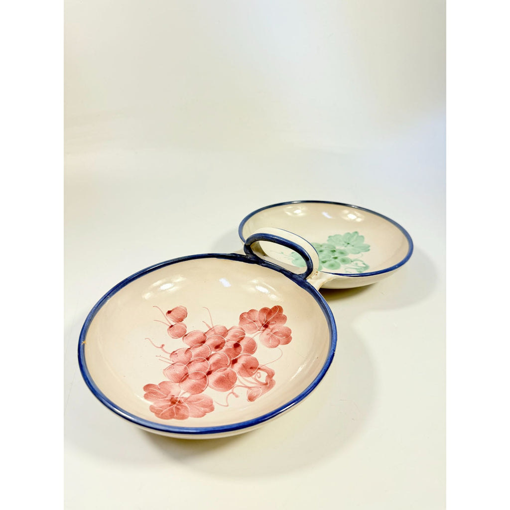 Italian Pottery Double Bowl Serving Dish Grapes Hand Painted Handled Made In Italy Kitchenware Servingware Hostess Wedding