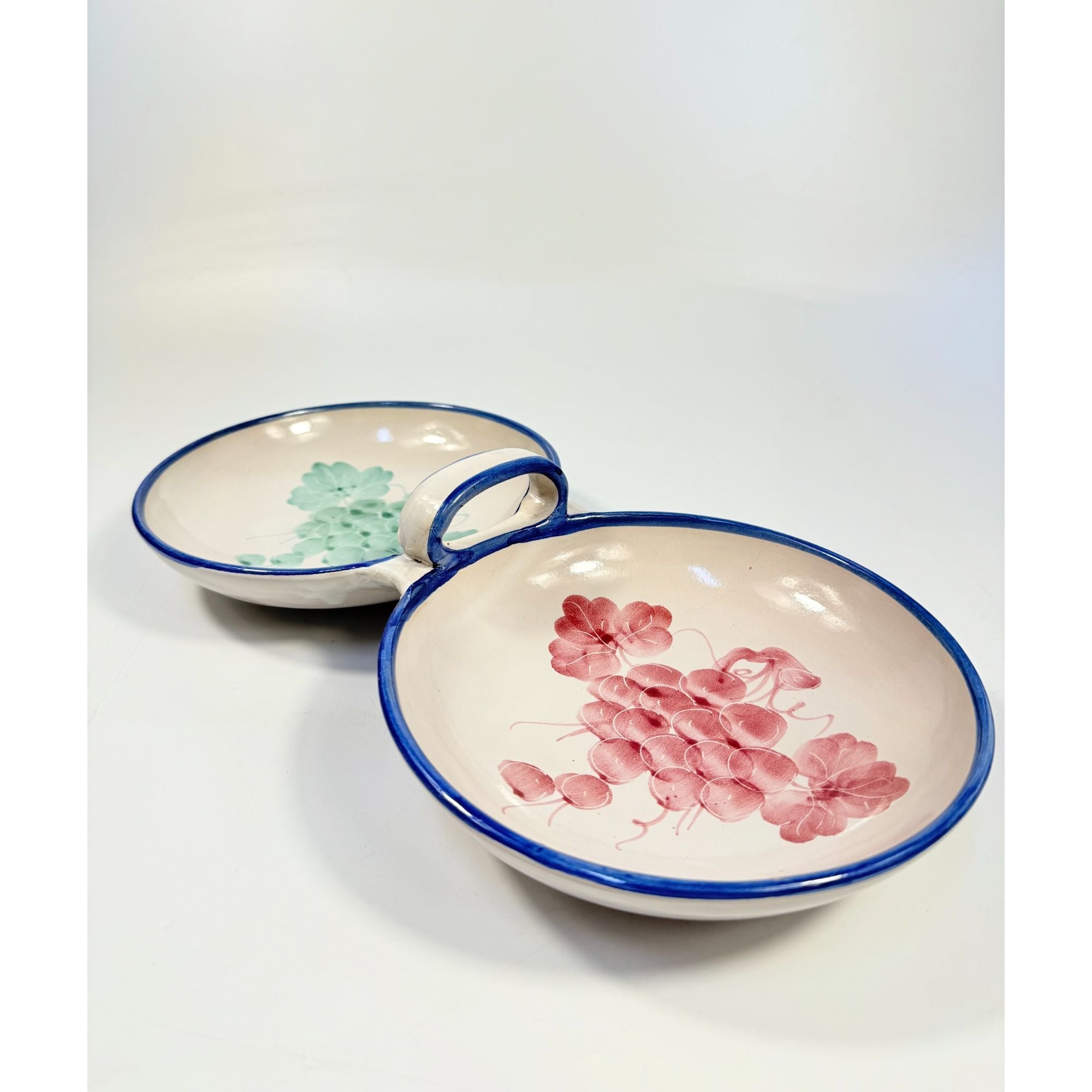 Italian Pottery Double Bowl Serving Dish Grapes Hand Painted Handled Made In Italy Kitchenware Servingware Hostess Wedding
