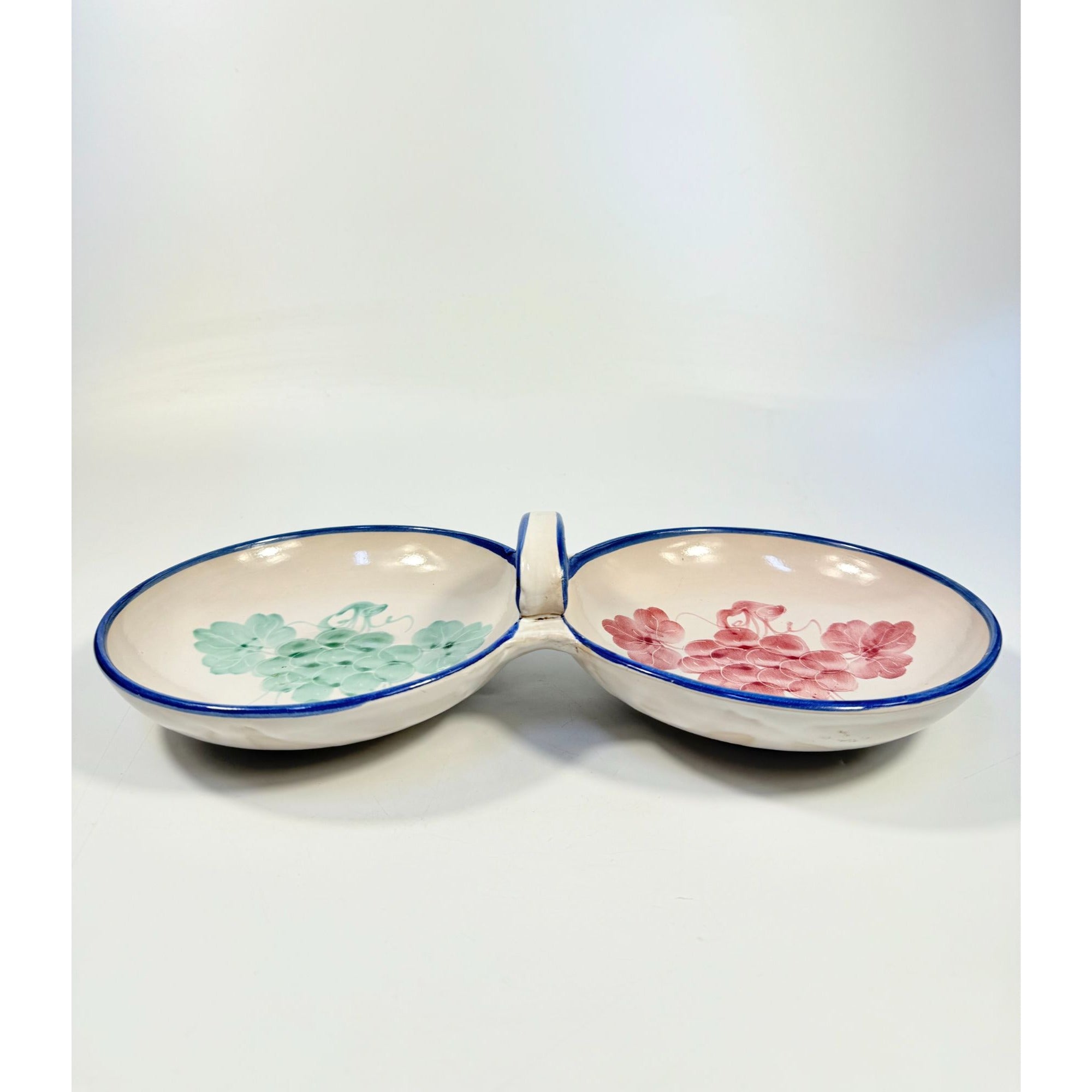 Italian Pottery Double Bowl Serving Dish Grapes Hand Painted Handled Made In Italy Kitchenware Servingware Hostess Wedding