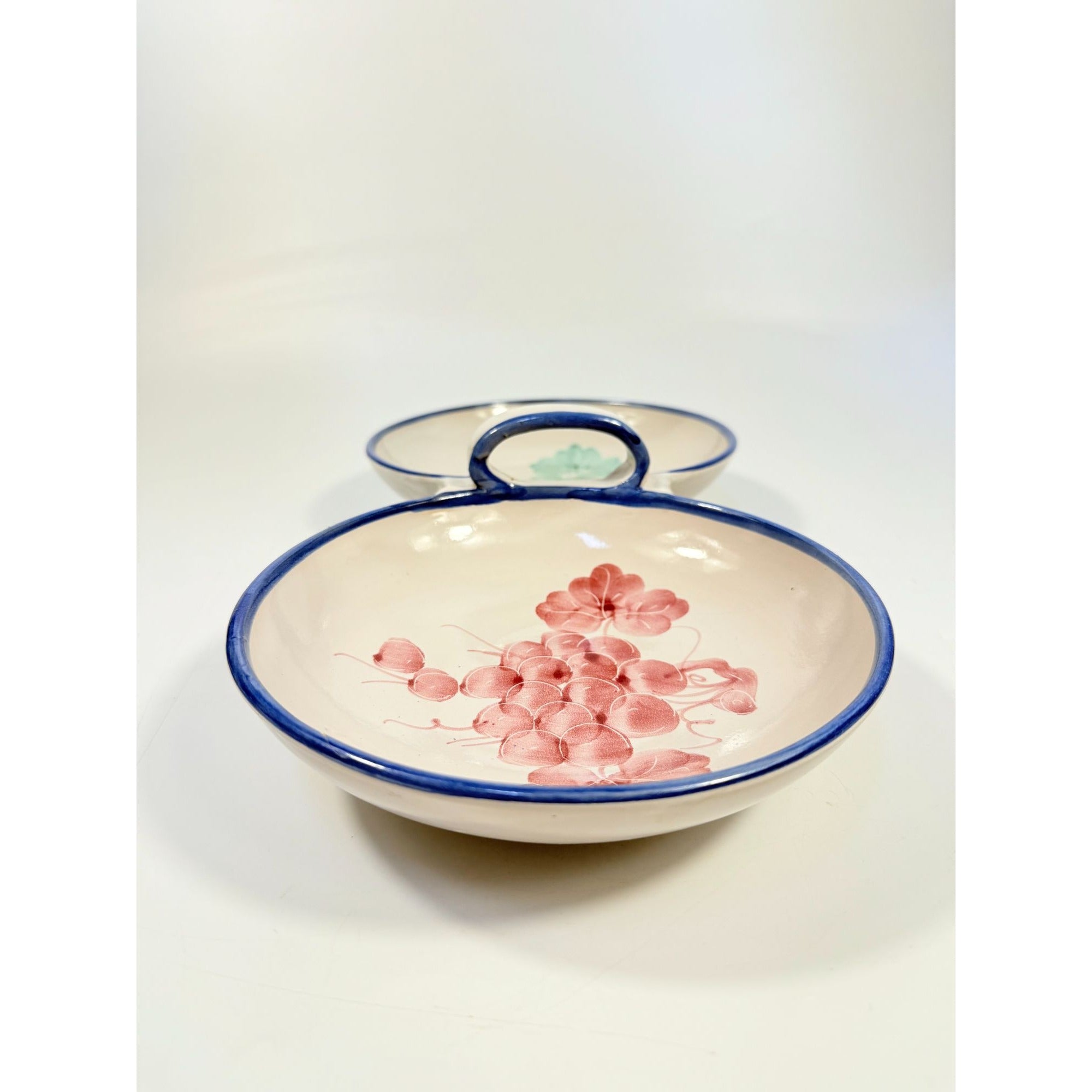 Italian Pottery Double Bowl Serving Dish Grapes Hand Painted Handled Made In Italy Kitchenware Servingware Hostess Wedding