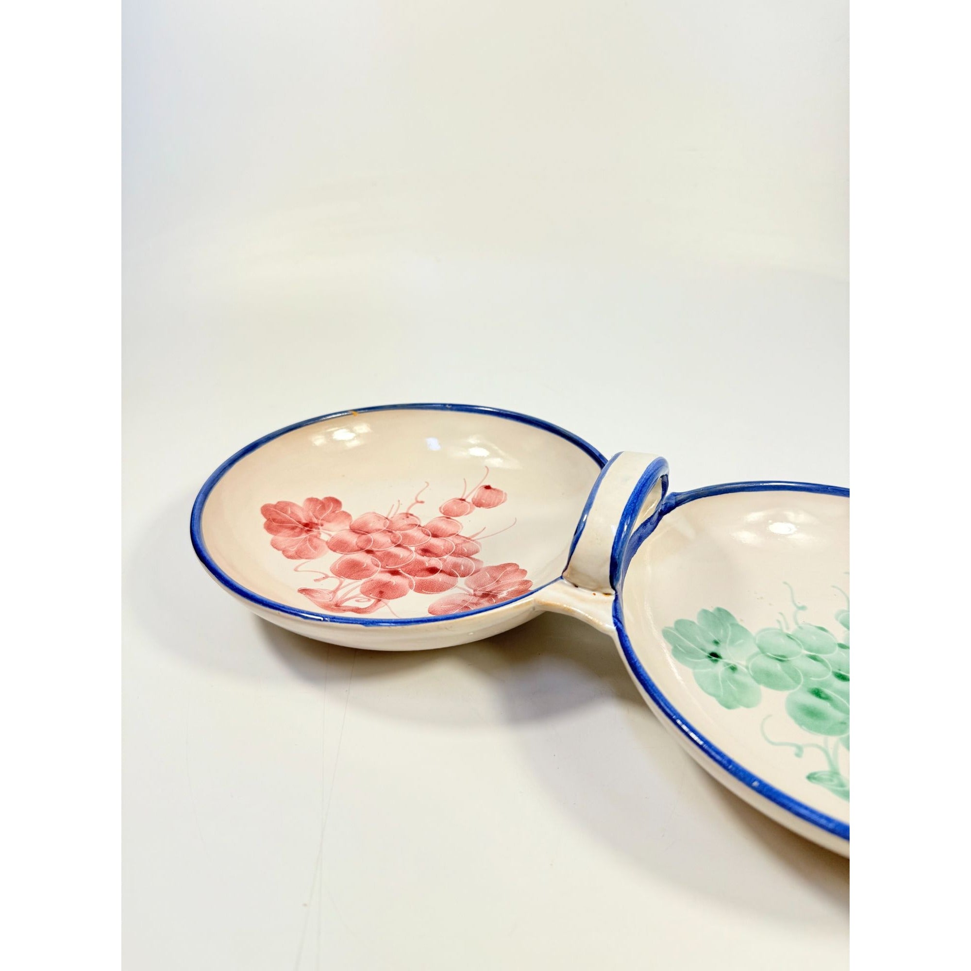 Italian Pottery Double Bowl Serving Dish Grapes Hand Painted Handled Made In Italy Kitchenware Servingware Hostess Wedding
