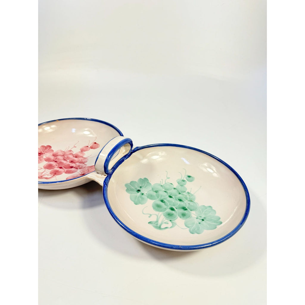 Italian Pottery Double Bowl Serving Dish Grapes Hand Painted Handled Made In Italy Kitchenware Servingware Hostess Wedding