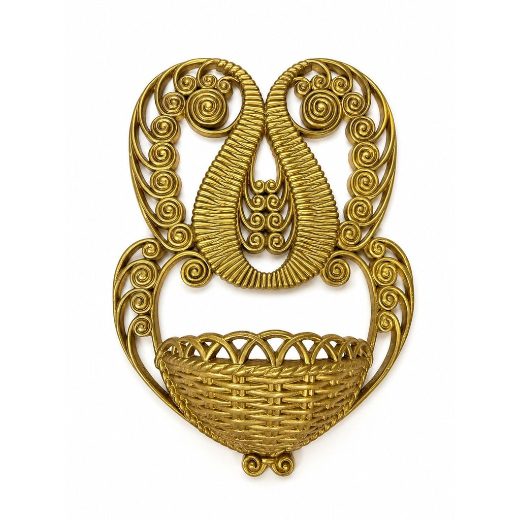 Wall Pocket Planter Faux Wicker Burwood Products Gold Scroll Gallery Art Deco 1978 Hollywood Regency Boho Retro Mid Century
