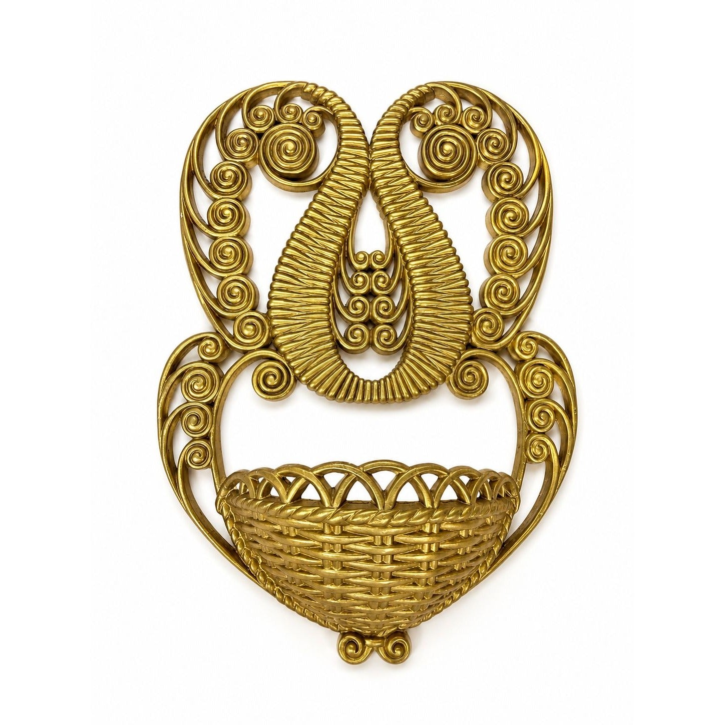 Wall Pocket Planter Faux Wicker Burwood Products Gold Scroll Gallery Art Deco 1978 Hollywood Regency Boho Retro Mid Century