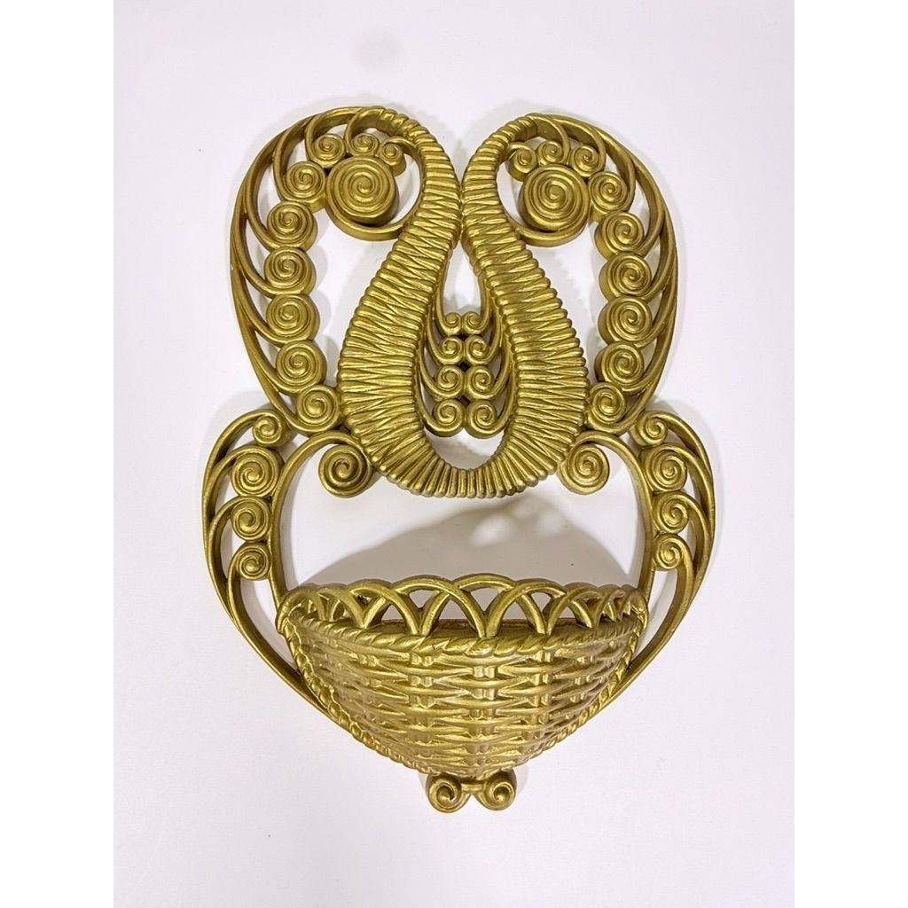 Wall Pocket Planter Faux Wicker Burwood Products Gold Scroll Gallery Art Deco 1978 Hollywood Regency Boho Retro Mid Century