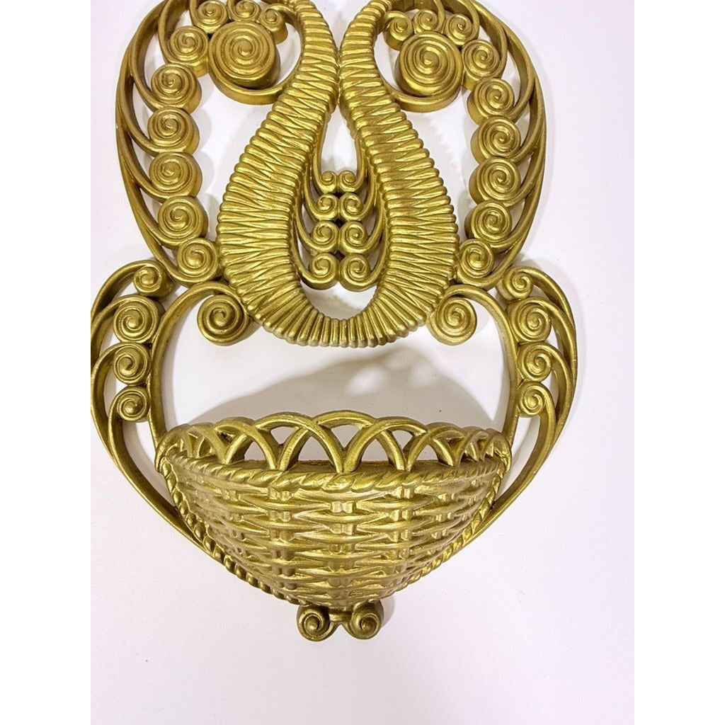 Wall Pocket Planter Faux Wicker Burwood Products Gold Scroll Gallery Art Deco 1978 Hollywood Regency Boho Retro Mid Century
