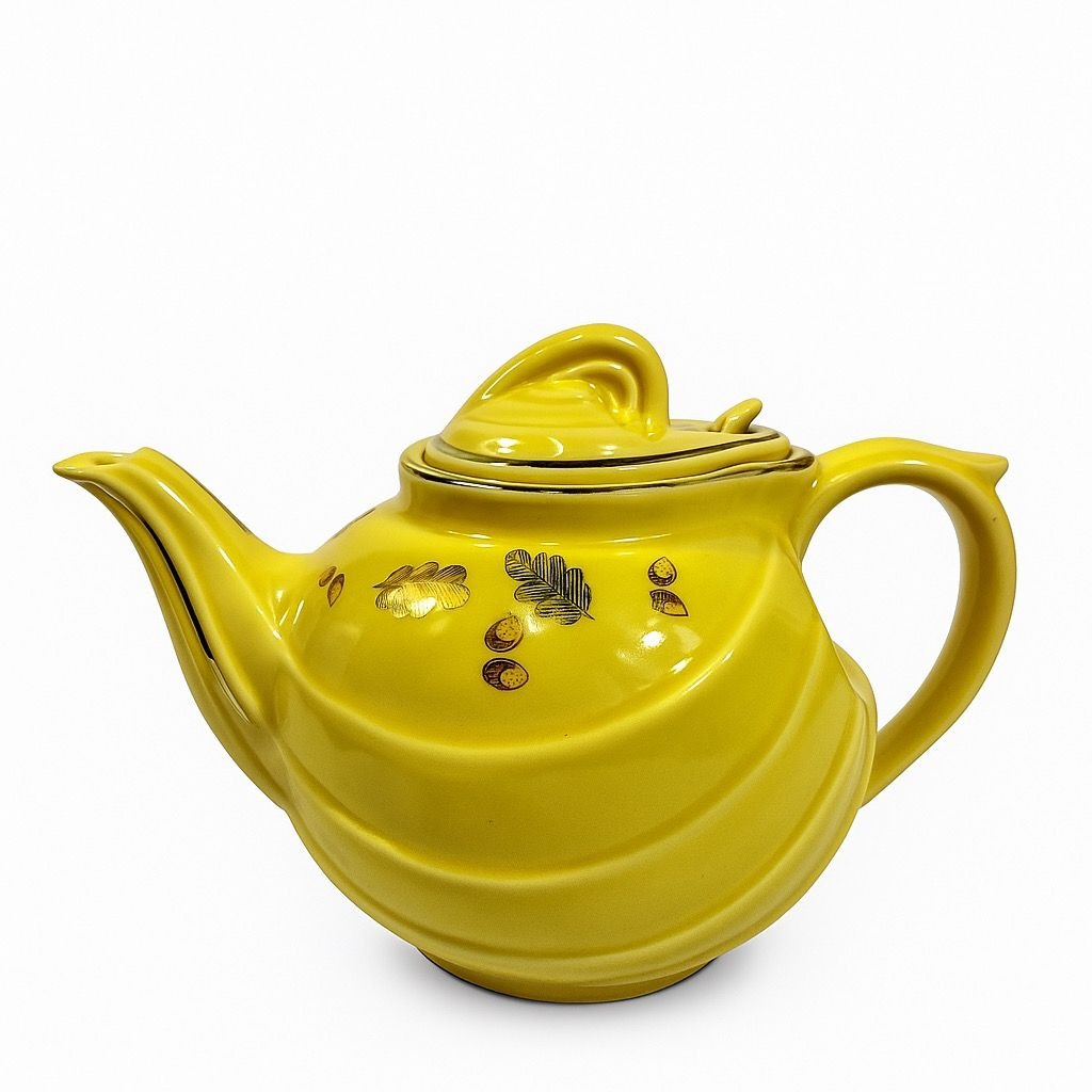 Teapot Hall Vintage #0799 Canary Yellow Gold Trim Leaves & Acorns Hook Lid 6 Cups Kitchenware Serveware Mid Century USA Made Collectible