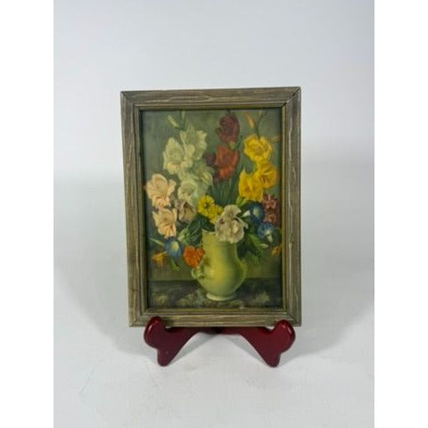 Mini Lithograph Framed Joseph Jost Floral Still Life Flowers Gladiolus Shelf Home Decor Vintage Prints