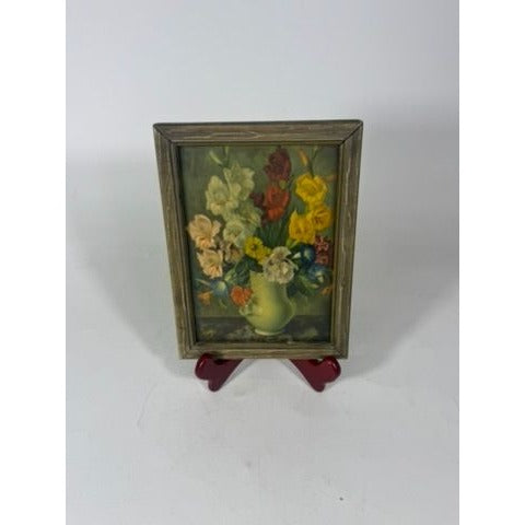 Mini Lithograph Framed Joseph Jost Floral Still Life Flowers Gladiolus Shelf Home Decor Vintage Prints
