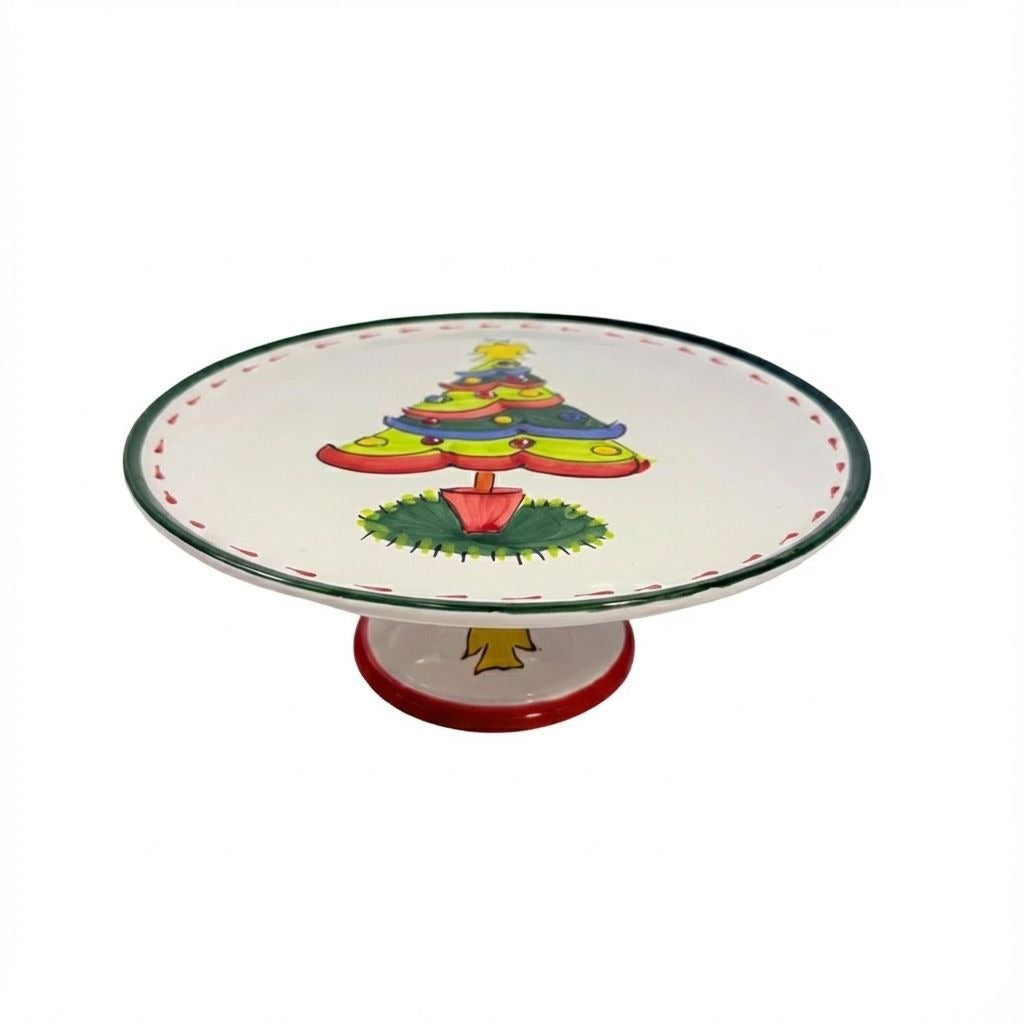 Italian Footed Cake Serving Plate Vietri Natale Green Hand Painted Christmas Tree Holiday Round Platter Italy Replacement China Vintage