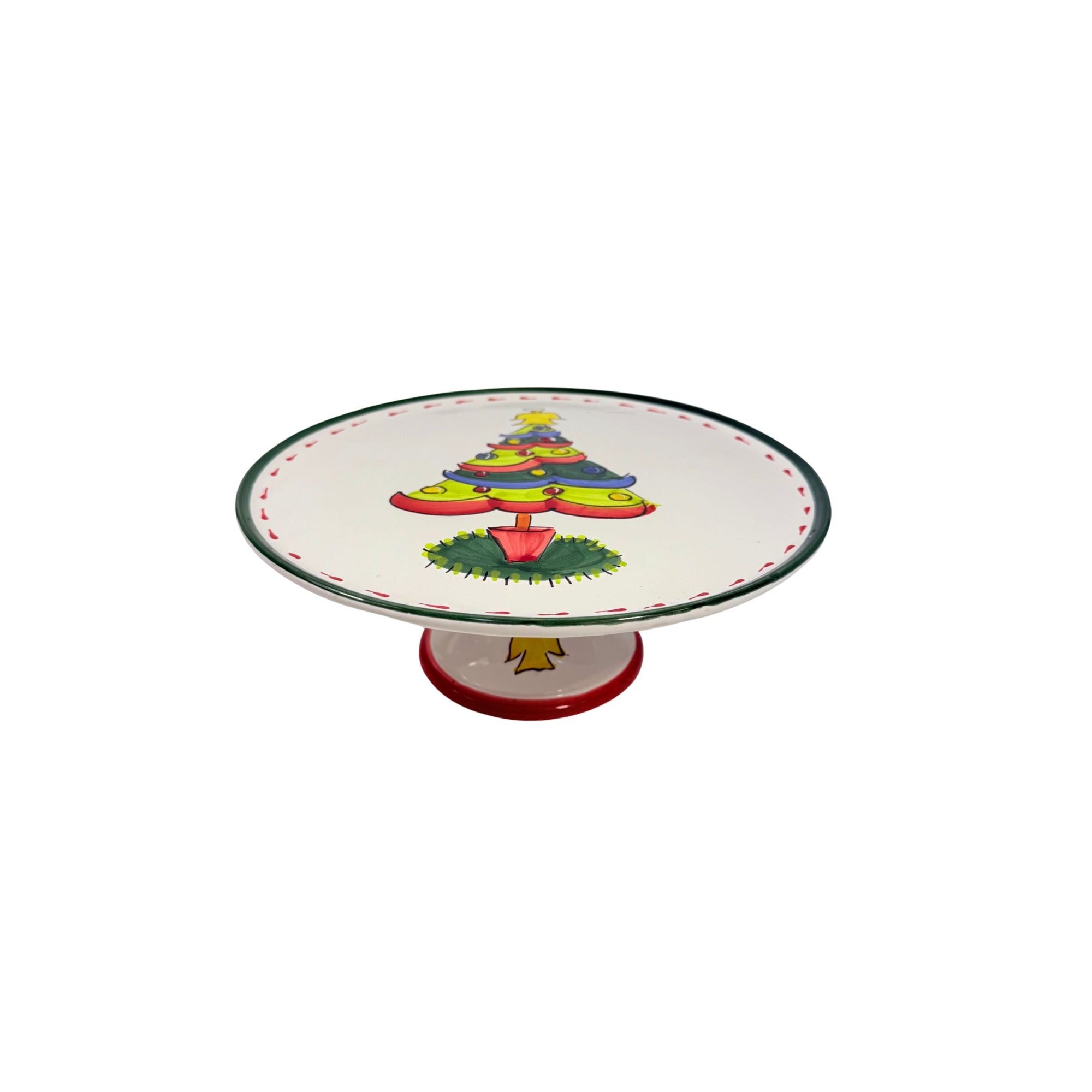 Italian Footed Cake Serving Plate Vietri Natale Green Hand Painted Christmas Tree Holiday Round Platter Italy Replacement China Vintage