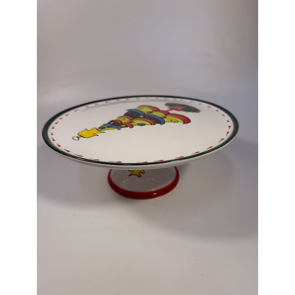 Italian Footed Cake Serving Plate Vietri Natale Green Hand Painted Christmas Tree Holiday Round Platter Italy Replacement China Vintage
