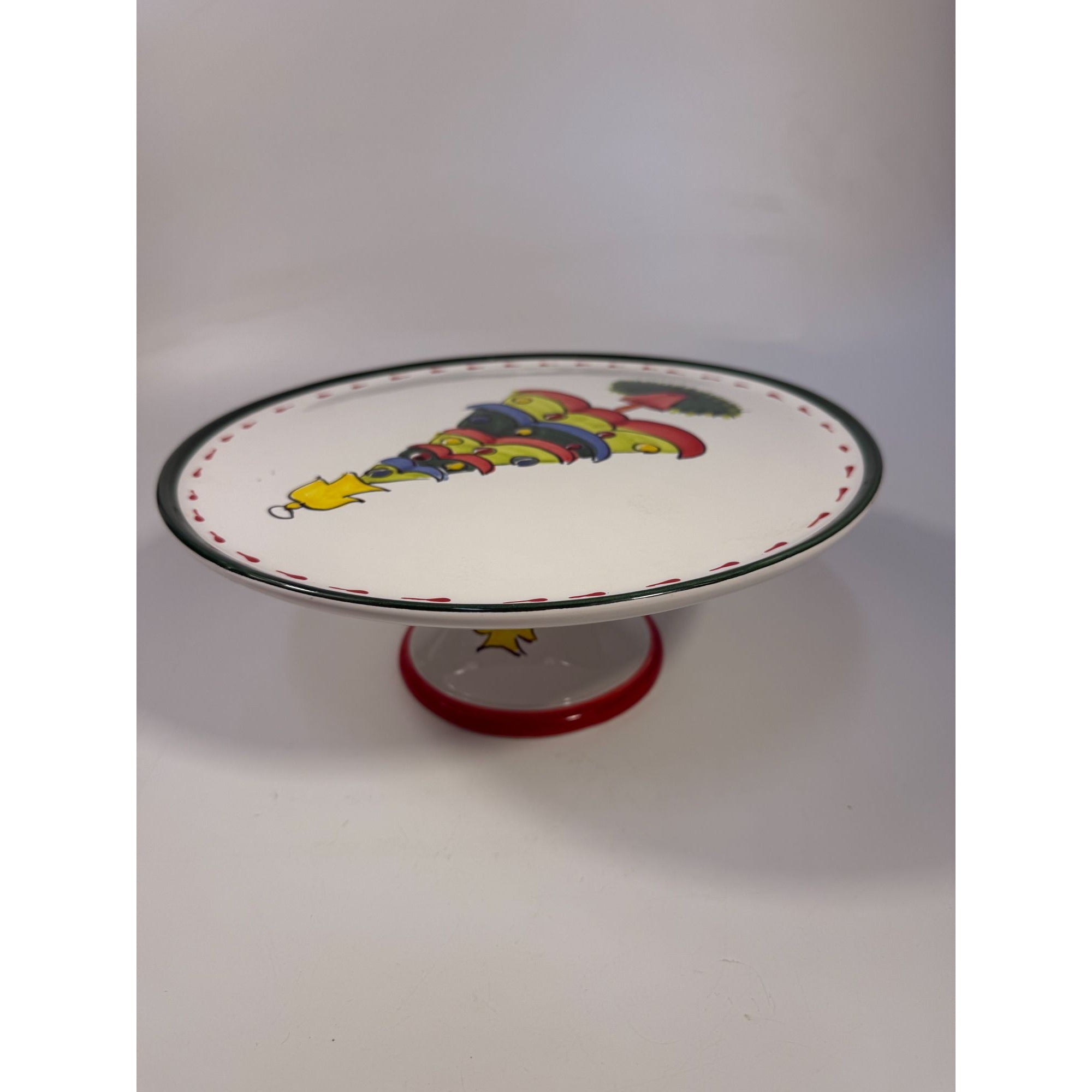 Italian Footed Cake Serving Plate Vietri Natale Green Hand Painted Christmas Tree Holiday Round Platter Italy Replacement China Vintage