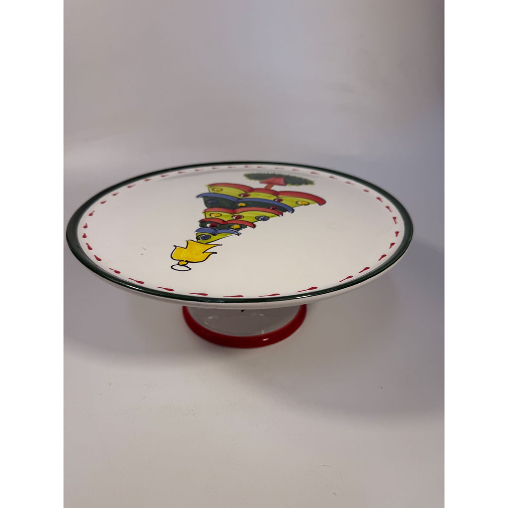 Italian Footed Cake Serving Plate Vietri Natale Green Hand Painted Christmas Tree Holiday Round Platter Italy Replacement China Vintage