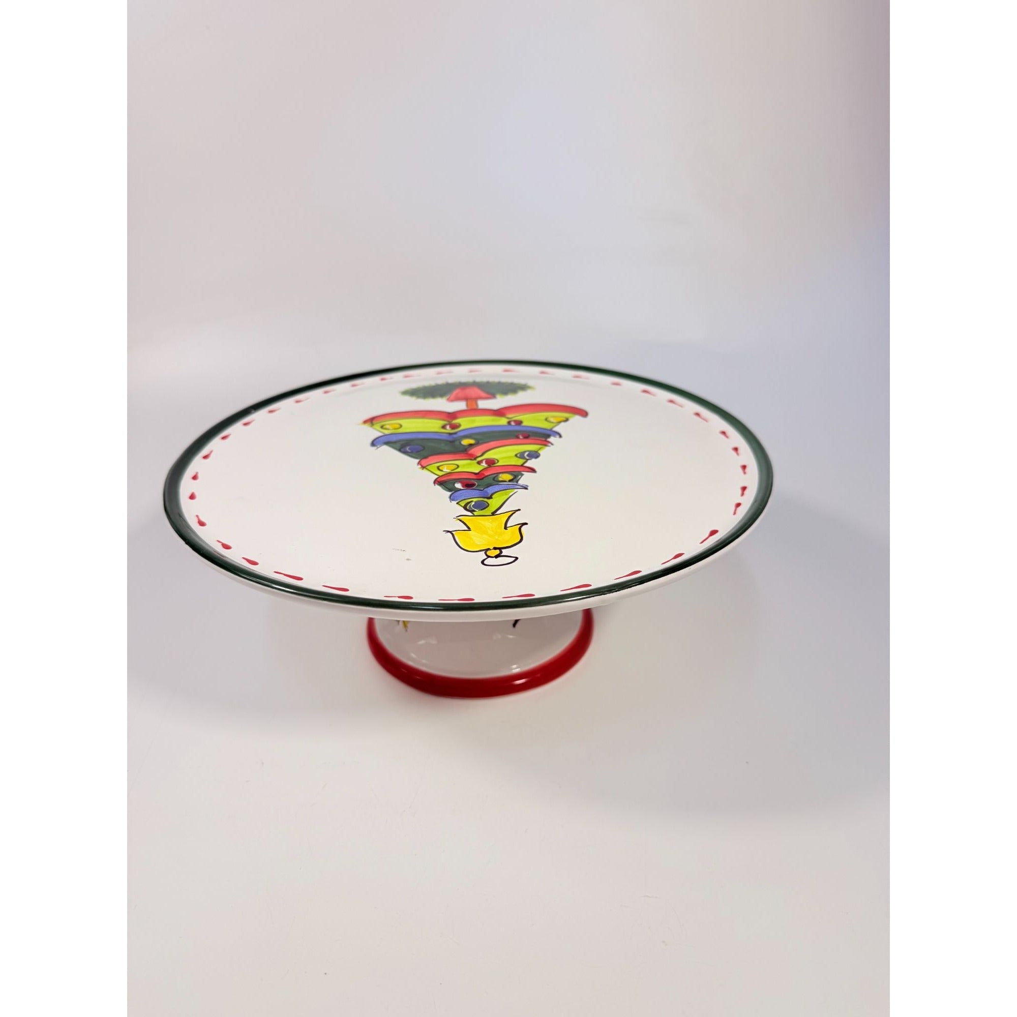 Italian Footed Cake Serving Plate Vietri Natale Green Hand Painted Christmas Tree Holiday Round Platter Italy Replacement China Vintage