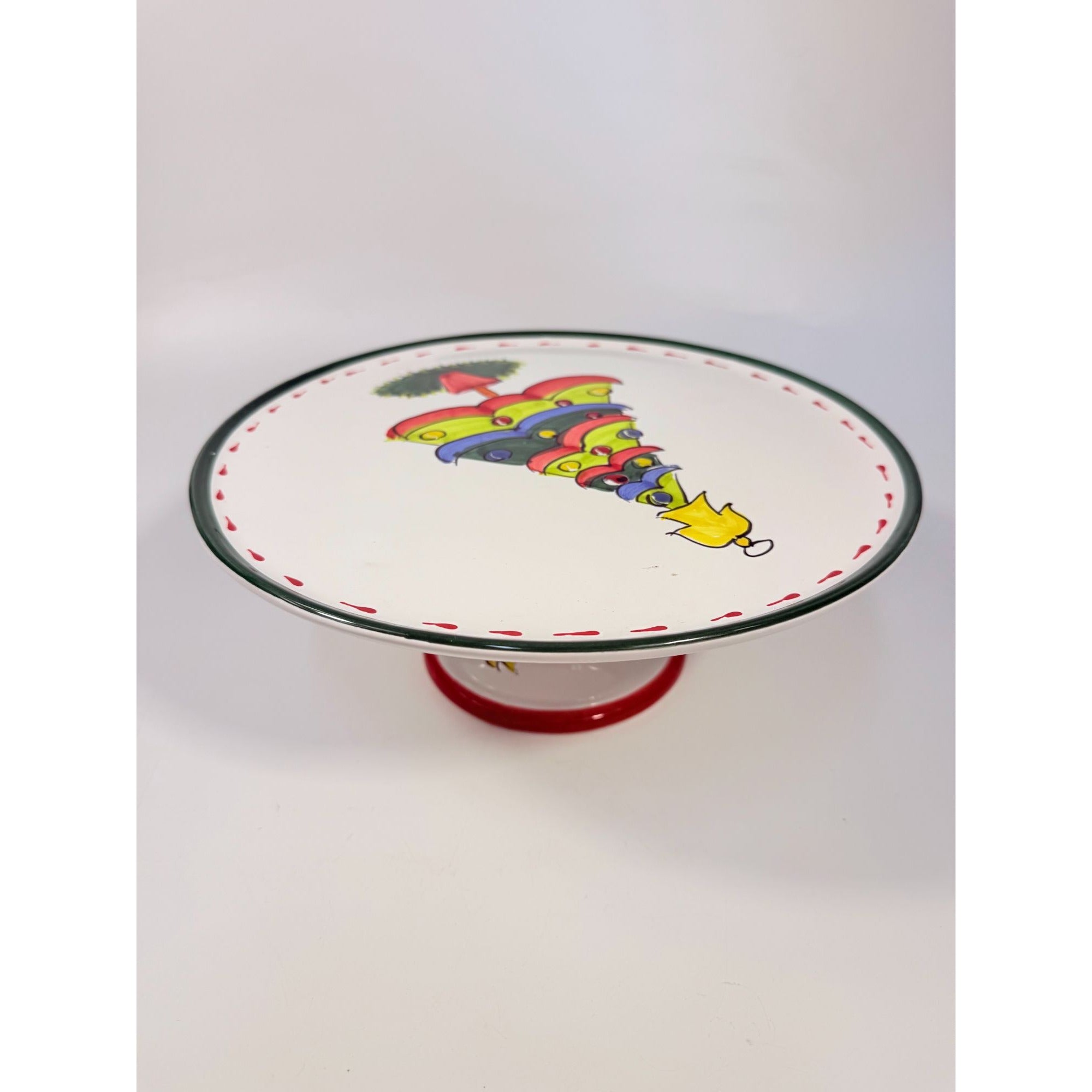 Italian Footed Cake Serving Plate Vietri Natale Green Hand Painted Christmas Tree Holiday Round Platter Italy Replacement China Vintage